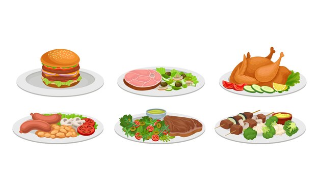 Vector meat dishes and courses served on plates with shashlik and hamburger vector set