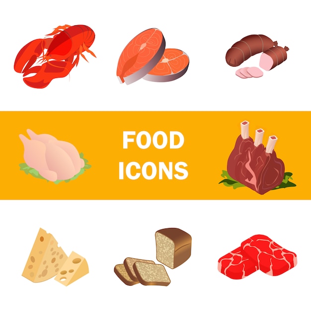 Meat, Marine Products Realistic Illustrations Set