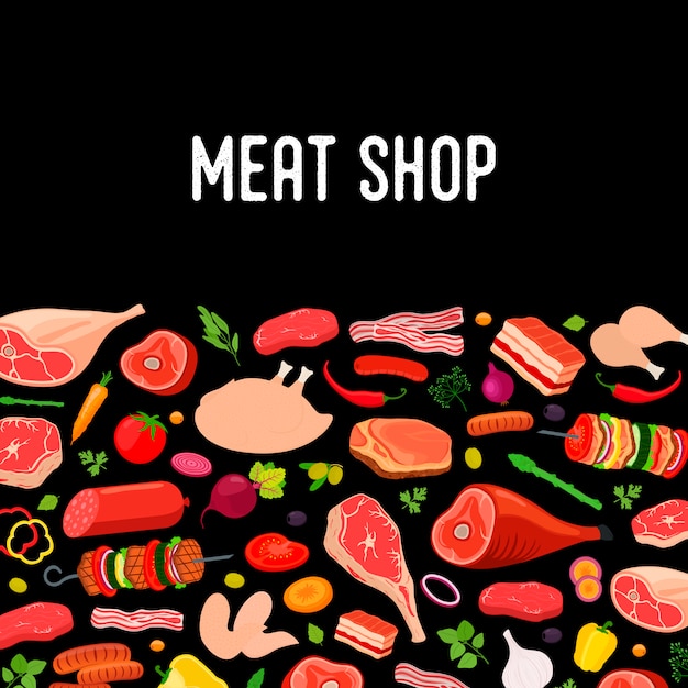 Meat poster, banner with farm products, cartoon style