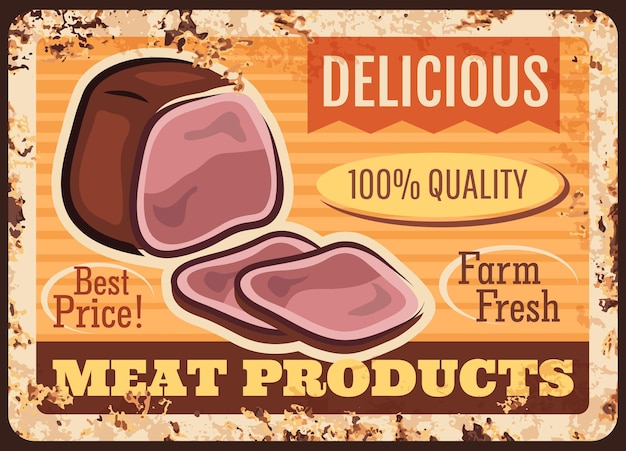 Meat products rusty metal plate vector assortment