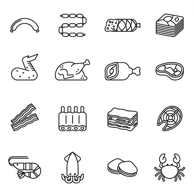 Meat & Seafood icon set with white background. Thin Line Style stock vector.