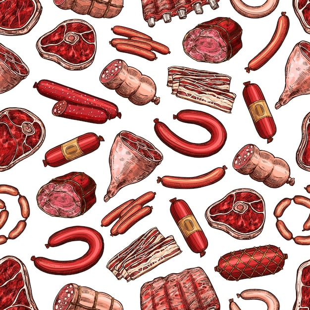 Vector meat seamless pattern of beaf steak pork sausage