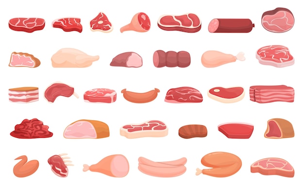 Meat shop icons set cartoon vector. Food protein