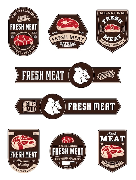 Meat store labels with steak and farm animals icons