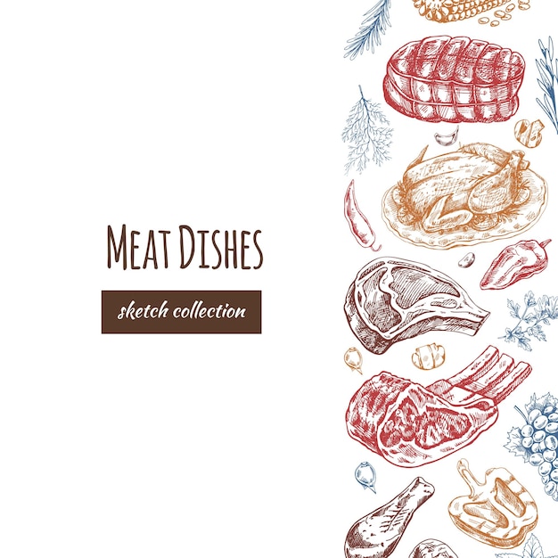 Meat and vegetables menu template in engraved style colored sketches of barbecue meat pieces