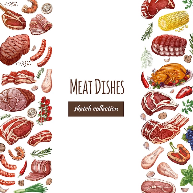 Meat and vegetables menu template in engraved style colored sketches of barbecue meat pieces