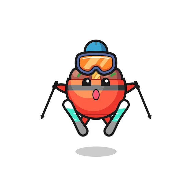 Meatball bowl mascot character as a ski player