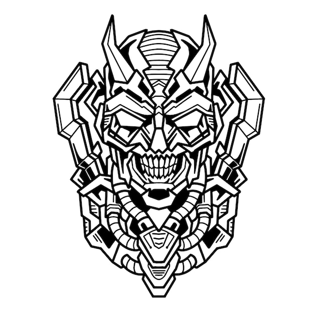 Mecha skull black and white vector illustration