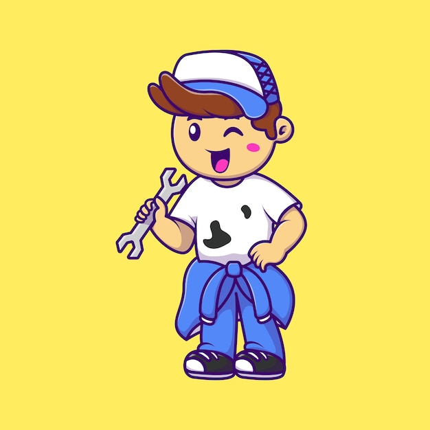 Mechanic Boy Cartoon Vector Illustration Flat Cartoon Concept