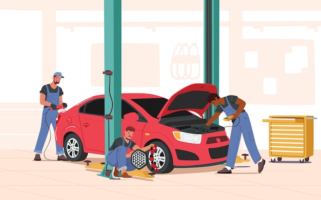 Mechanic Characters in Blue Overall Stand near Broken Car with Open Hood Holding Instruments, Workers Fixing, Checking and Maintenance Auto, City Repair Service. Cartoon People Vector Illustration