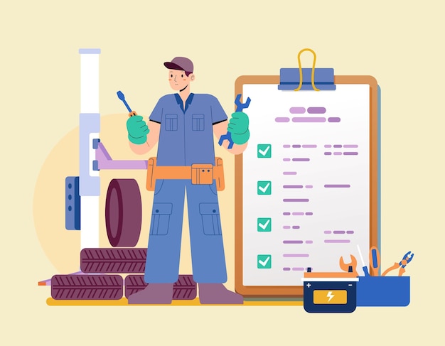 Mechanic garage with check marked checklist on clipboard Successful completion of work tasks Flat vector illustration