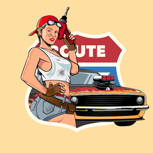 Mechanic Girl pin up emblem style