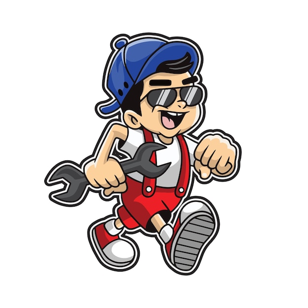 Mechanic repair boy mascot cartoon illustration premium vector