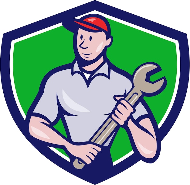 Mechanic Worker Standing Spanner Crest Cartoon