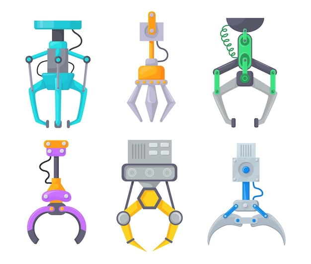 Mechanical claw toy Grabbing machine tool robotic grabber or industrial factory crane robot metal arm grab cable machinery grip arcade game prize cartoon neat vector illustration