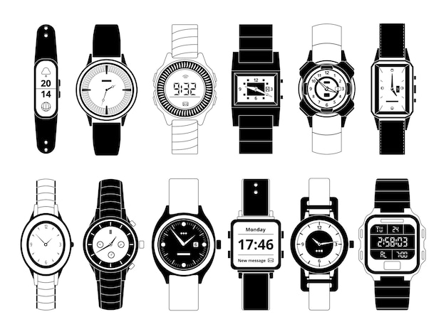 Mechanical and electronic sport hand watches in monochrome style.  pictures set isolate on white. Wristwatch digital electronic and mechanical, fashion and sport illustration