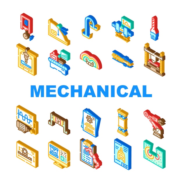 mechanical engineer industry icons set vector technology machine machinery work factory blueprint engine construction worker mechanical engineer industry isometric sign illustrations