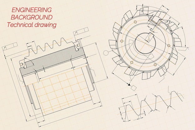 Mechanical engineering drawings on beige technical paper background