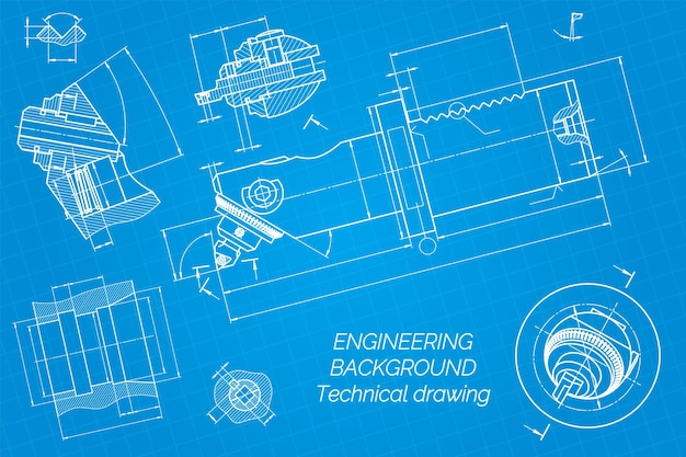 Mechanical engineering drawings on blue background. Boring bar with micrometric adjustment. Technical Design. Cover. Blueprint. Vector illustration.