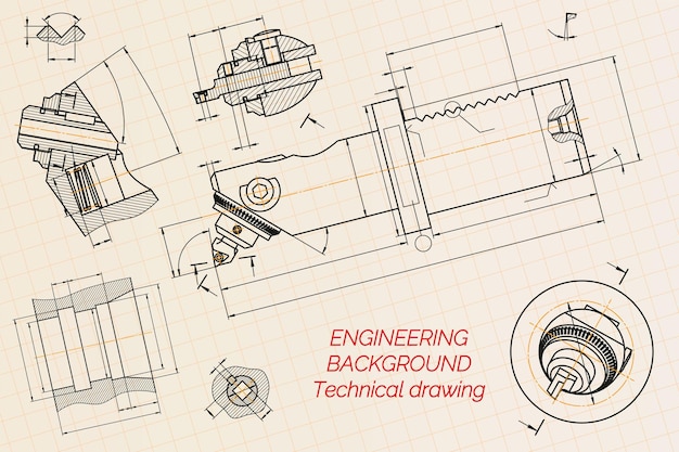 Mechanical engineering drawings on blue background Boring bar with micrometric adjustment Technical Design Cover Blueprint Vector illustration