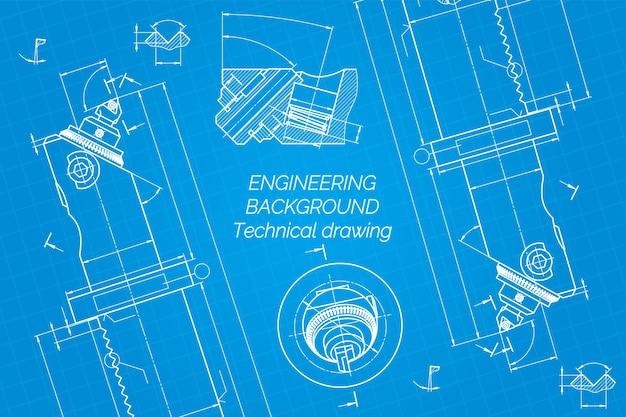 Mechanical engineering drawings on blue background boring bar with micrometric adjustment technical ...