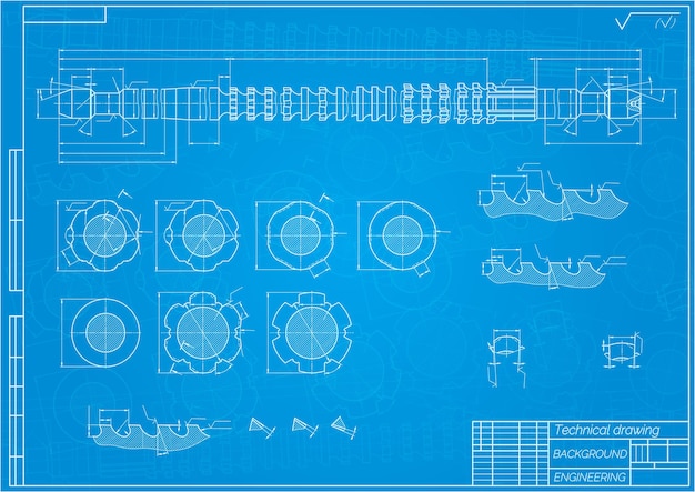 Mechanical engineering drawings on blue background. Broach. Technical Design. Cover. Blueprint. Vector illustration.