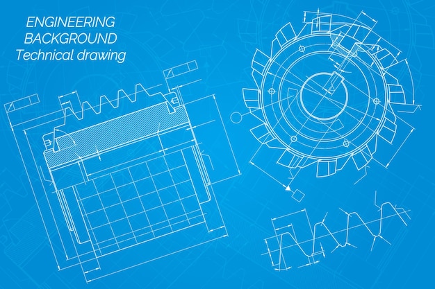 Vector mechanical engineering drawings on blue background cutting tools milling cutter technical design cover blueprint vector illustration