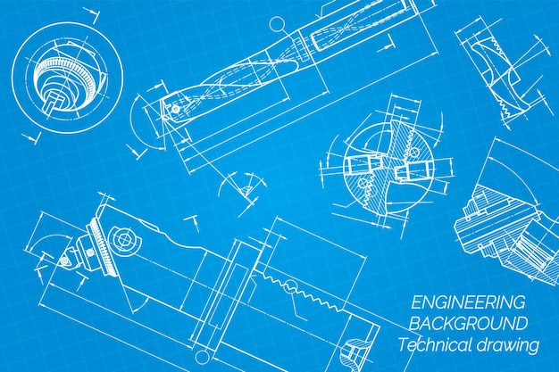 Mechanical engineering drawings on blue background. Drill tools,  borer. Boring bar with micrometric adjustment.  Broach. Technical Design. Cover. Blueprint. Vector illustration.