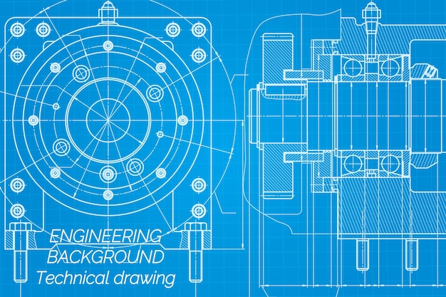 Mechanical engineering drawings on blue background milling machine spindle technical design cover bl...