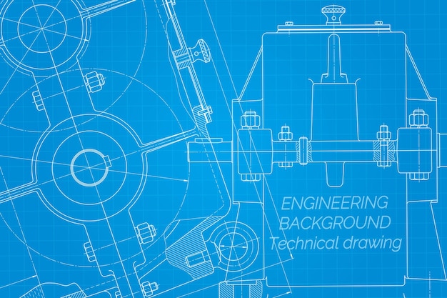 Mechanical engineering drawings on blue background reducer technical design cover blueprint