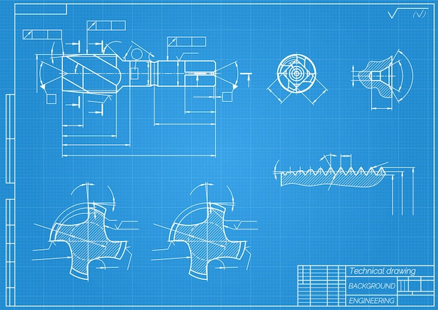 Mechanical engineering drawings on blue background Tap tools borer Technical Design Cover Blueprint Vector illustration