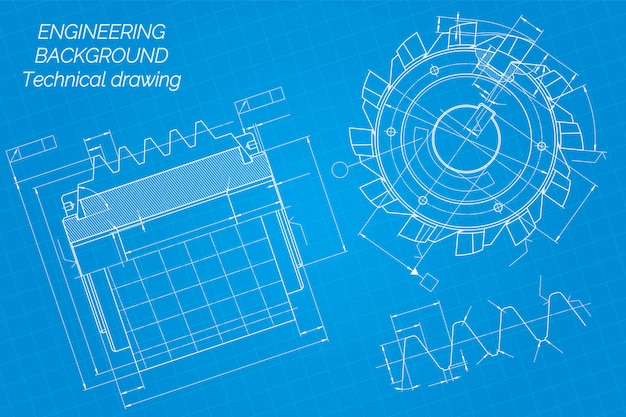 Vector mechanical engineering drawings on blue 