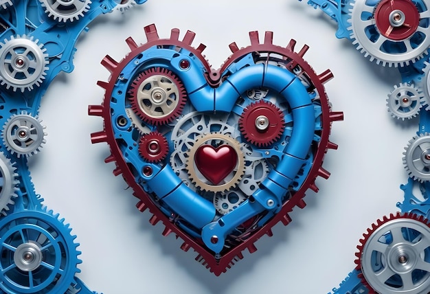 Vector a mechanical heart made of blue red and gold gears and cogs with a small red heart inside surrounded