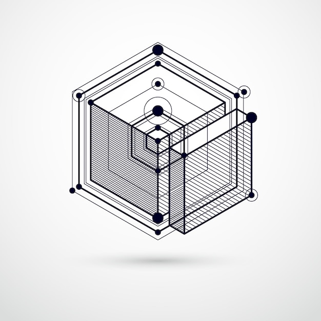 Mechanical scheme, black and white vector engineering drawing with 3D cubes and geometric elements. Engineering technological wallpaper made with honeycombs.