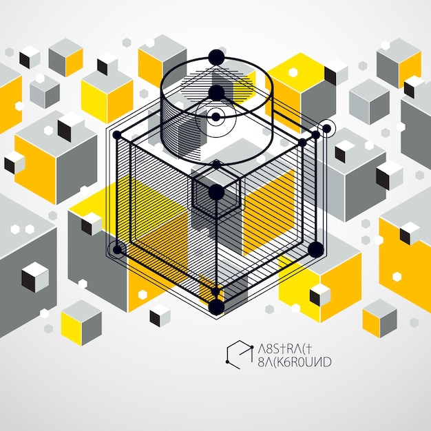 Mechanical scheme, yellow vector engineering drawing with 3D cubes and geometric elements. Engineering technological wallpaper made with honeycombs.