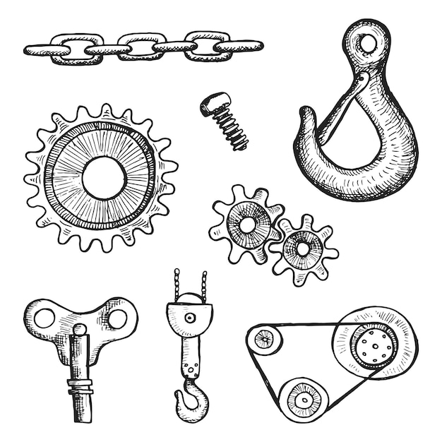 Mechanisms and machine parts metallic vector set