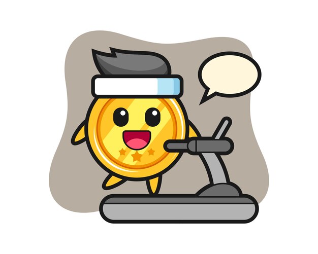 Medal cartoon character walking on the treadmill