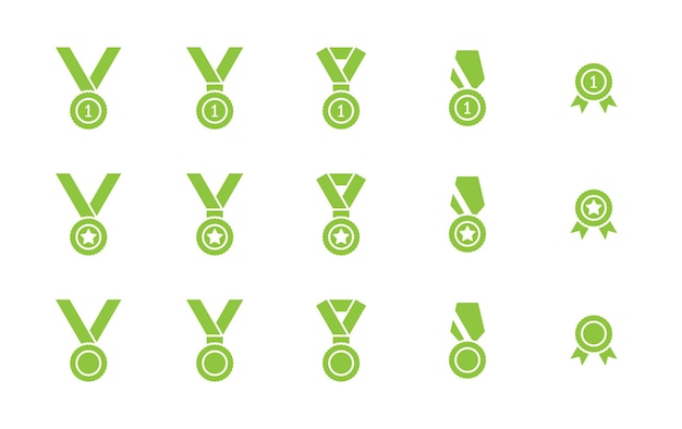 Medal icon set Green color pictograms isolated on a white background Honor Awards and Achievements signs Winner emblem symbo Flat vector illustration