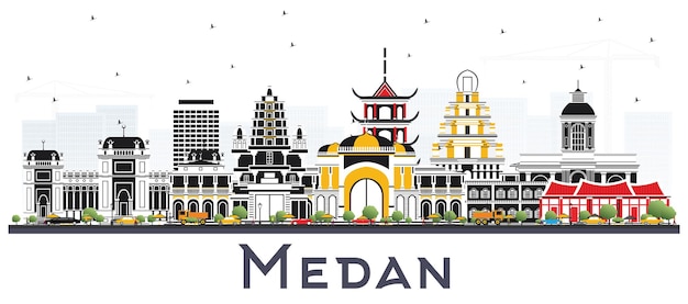 Medan Indonesia City Skyline with Color Buildings Isolated on White. Vector Illustration. Business Travel and Tourism Concept with Historic Architecture. Medan Cityscape with Landmarks.