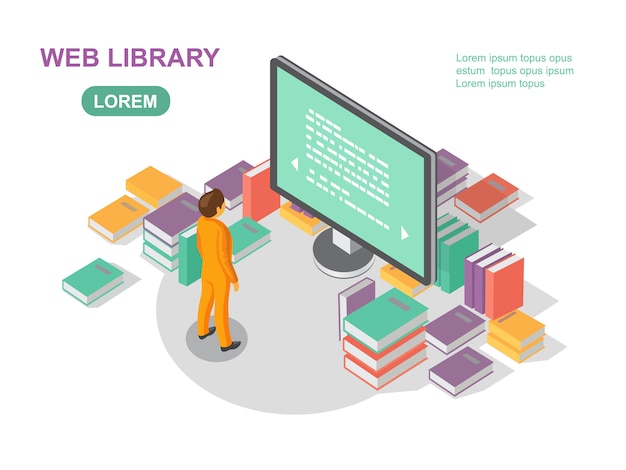 Vector media book library concept. reading web archive.