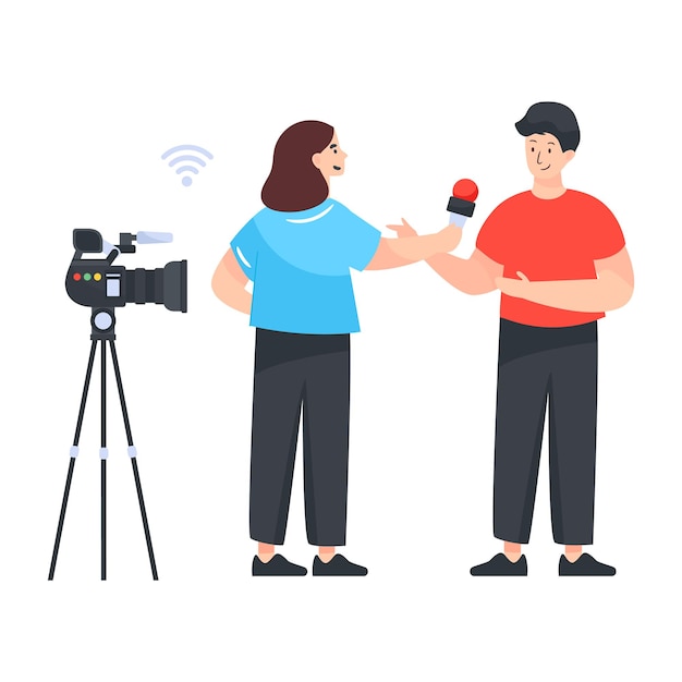 A media person with mic recording podcast flat illustration