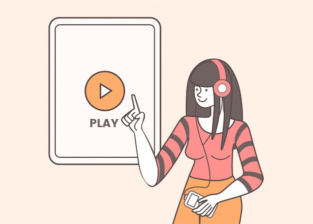 Media player app illustration. Radio, mobile application, smartphone with play button on screen. Smiling music lover, woman with radioreceiver and earphones isolated flat contour character