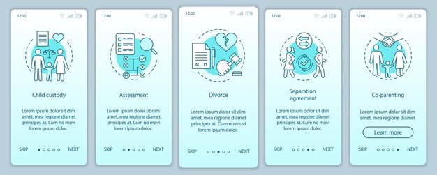 Mediation onboarding mobile app page screen vector template. Child custody, assessment, divorce, co-parenting. Walkthrough website steps with linear illustrations. UX, UI smartphone interface concept