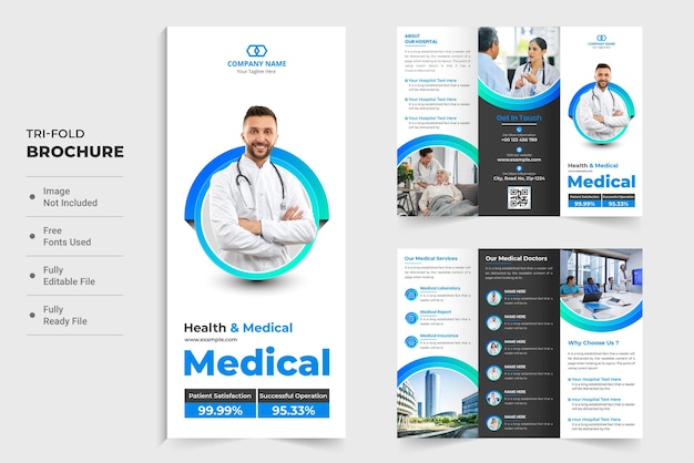 Medical advertisement tri fold brochure template design with round shapes Hospital leaflet and poster layout vector with blue colors Modern clinic promotional brochure template vector for marketing