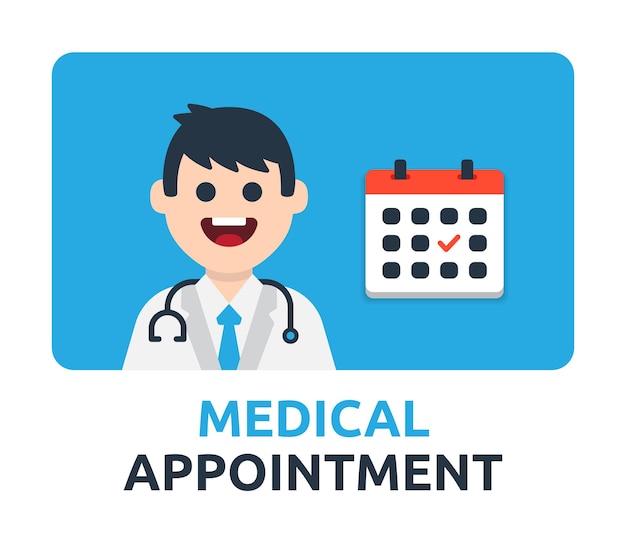 Medical appointment with happy doctor character in flat design illustration.