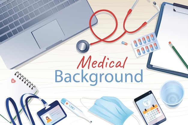 Medical background in cartoon design in top view Wallpaper with composition of stethoscope pills