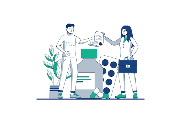 Medical blue outline concept with people scene in the flat cartoon design