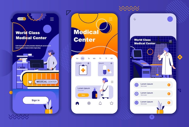 Medical center mobile app screens template for social networks stories