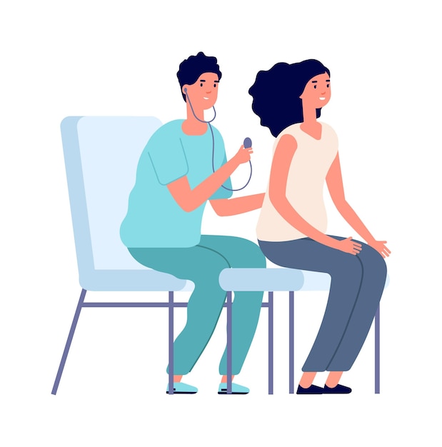 Medical check up Woman and doctor female clinical examination healthcare Flat cartoon girl at hospital vector illustration