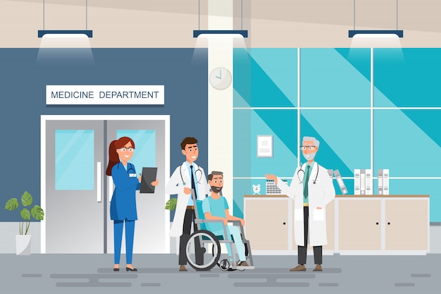 Medical concept with doctor and patients in flat cartoon at hospital hall